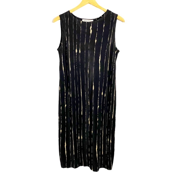 Rafael Black & Ivory Pleated Ribbed Sleeveless Midi Dress, Size Medium - Picture 1 of 8